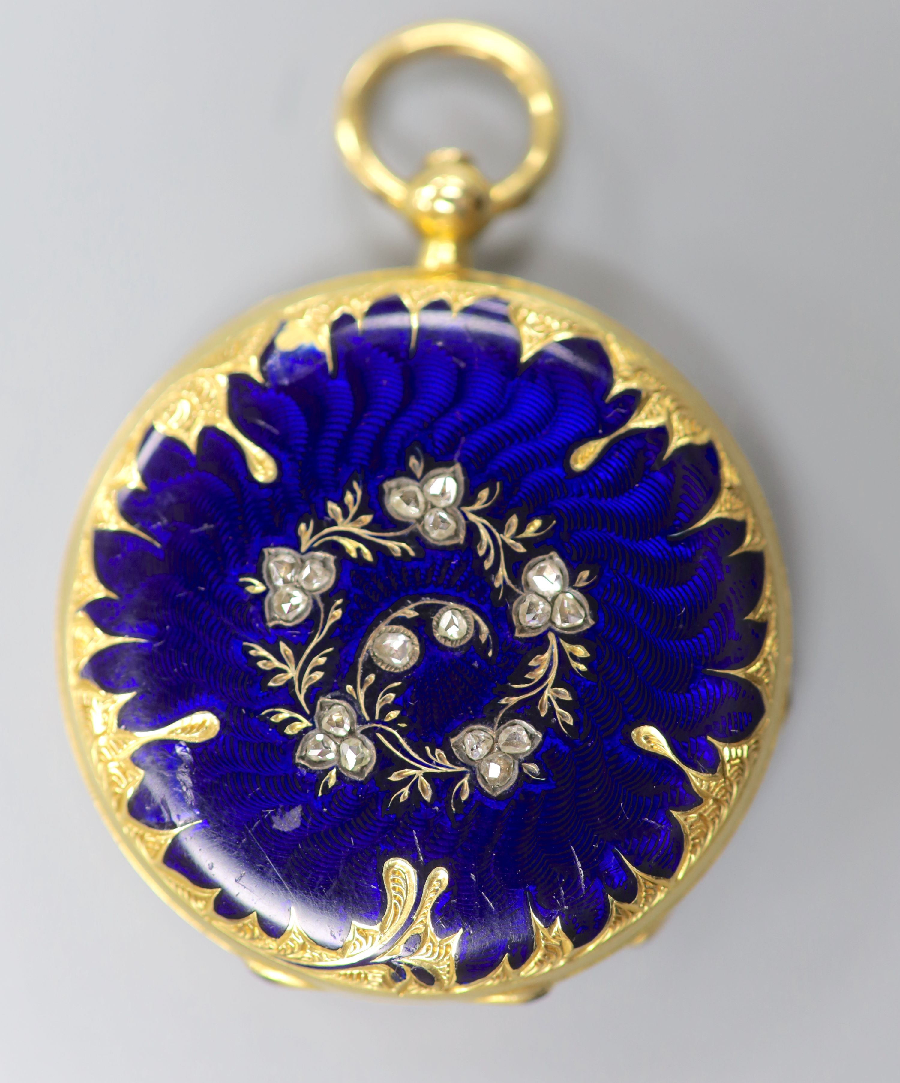 An early 20th century Swiss yellow metal, blue enamel and rose cut diamond set keywind fob watch,